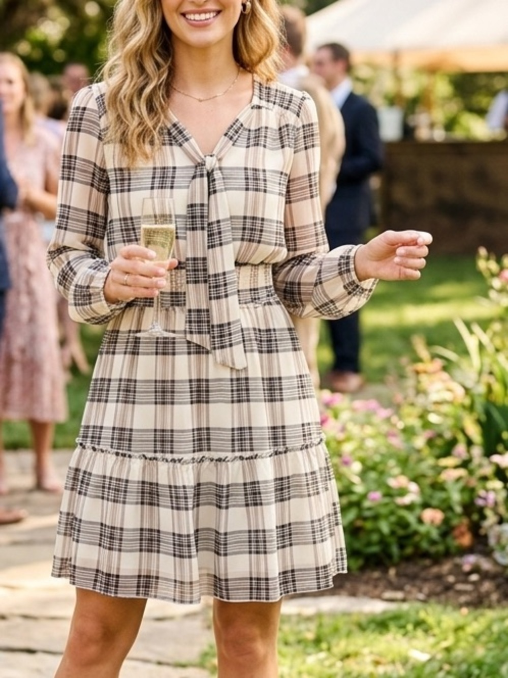 Promesa Beige Plaid Long Sleeve Dress #1